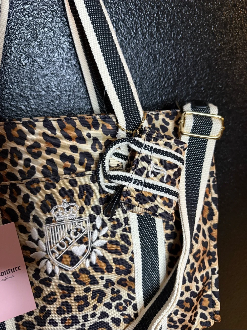 Juicy Couture Leopard-Print Tote with Black & Cream Striped Handles